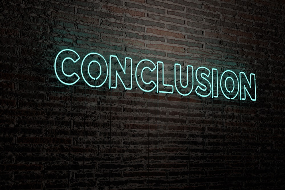 CONCLUSION -Realistic Neon Sign on Brick Wall background - 3D rendered royalty free stock image. Can be used for online banner ads and direct mailers