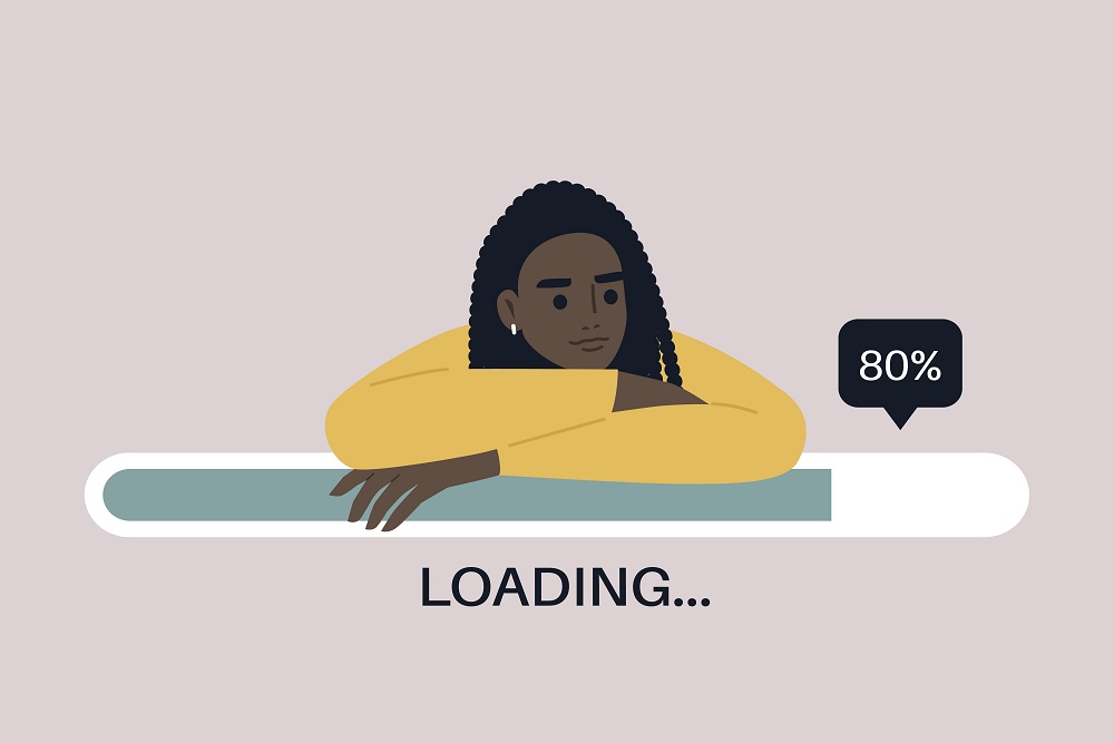 Girl is waiting for website to load and it is one of the web design mistakes
