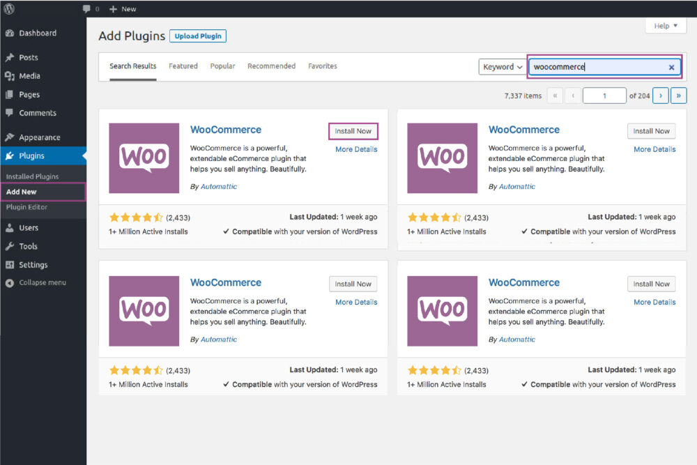 WooCommerce plugin in website plugin options
